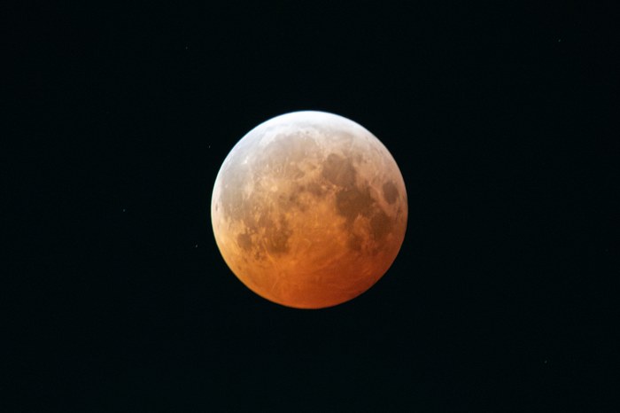 La Lune teintée de rouge-orangé pendant la totalité d'une éclipse lunaire, photographiée depuis l'Ohio en mars 2025