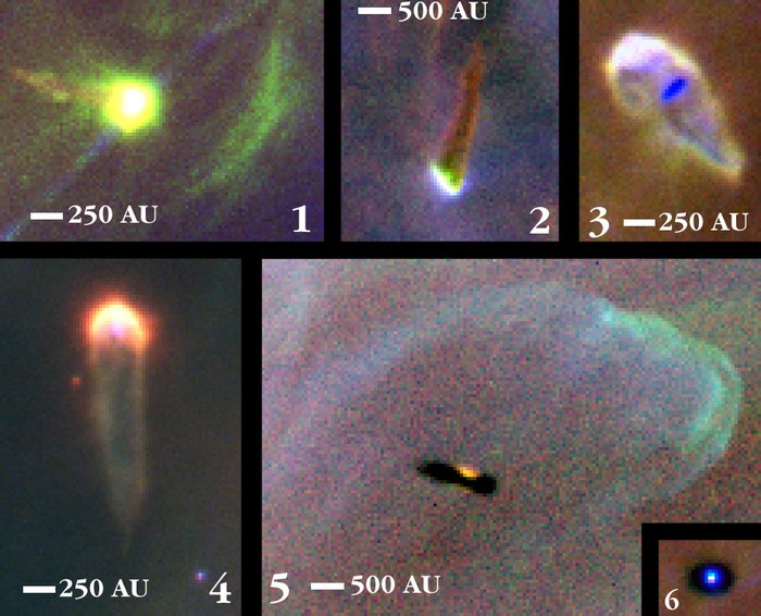 Cinq disques protoplanétaires (proplyds) photographiés par le télescope Hubble dans la nébuleuse d'Orion, chacun sculpté en forme de comète par le rayonnement d'étoiles massives voisines