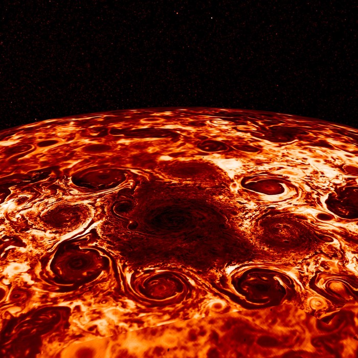 Les huit cyclones géants disposés en octogone autour du pôle nord de Jupiter, photographiés en infrarouge par l'instrument JIRAM de la sonde Juno