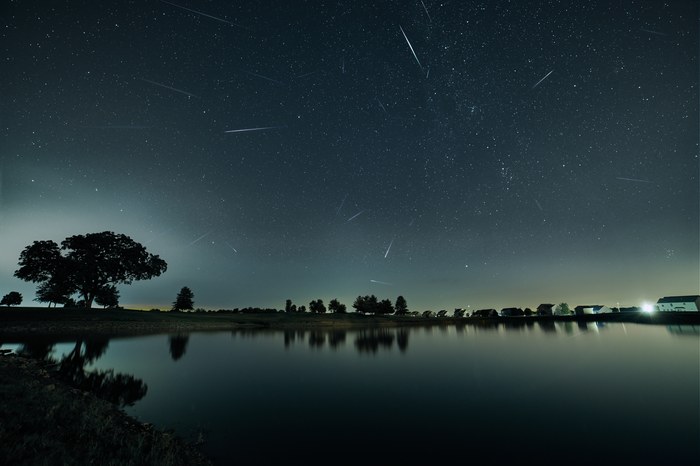 Photographie composite de nombreux météores des Perséides capturés au fil d'une même nuit, leurs traînées convergeant visuellement vers un même point du ciel