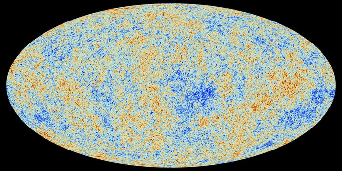 Carte du ciel entier du fond diffus cosmologique établie par le satellite Planck, montrant en fausses couleurs d'infimes variations de température