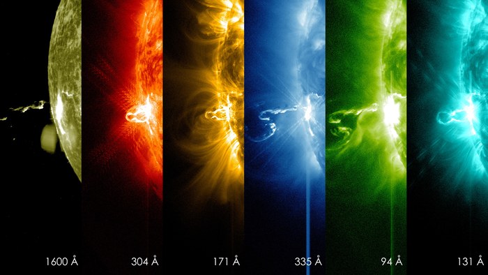 Une même éruption solaire X4.9 photographiée simultanément dans six longueurs d'onde différentes par l'observatoire SDO de la NASA