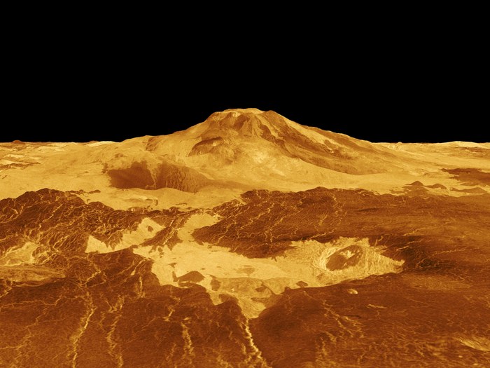 Vue en perspective 3D de Maat Mons, le plus haut volcan de Vénus, reconstituée à partir des données radar de la sonde Magellan